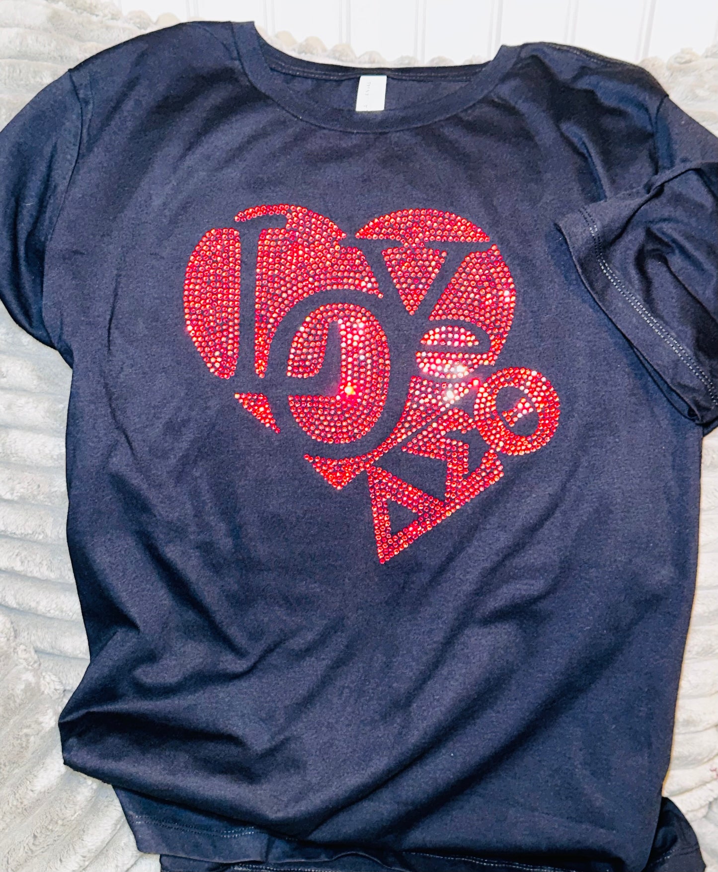 Heart of Love, Delta Sigma Theta w/ Red Rhinestones and Greek Letters - Black Short sleeve t-shirt