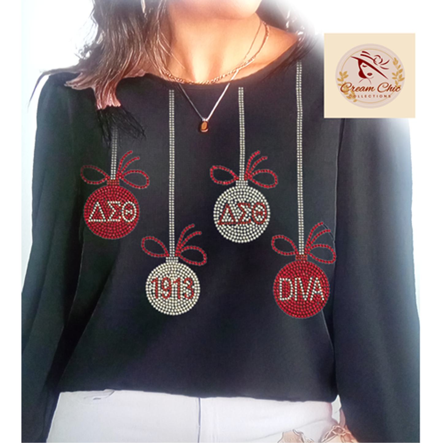 Delta Sigma Theta Sorority - Christmas Ornaments Sheer Sleeve Blouse (Rhinestones)