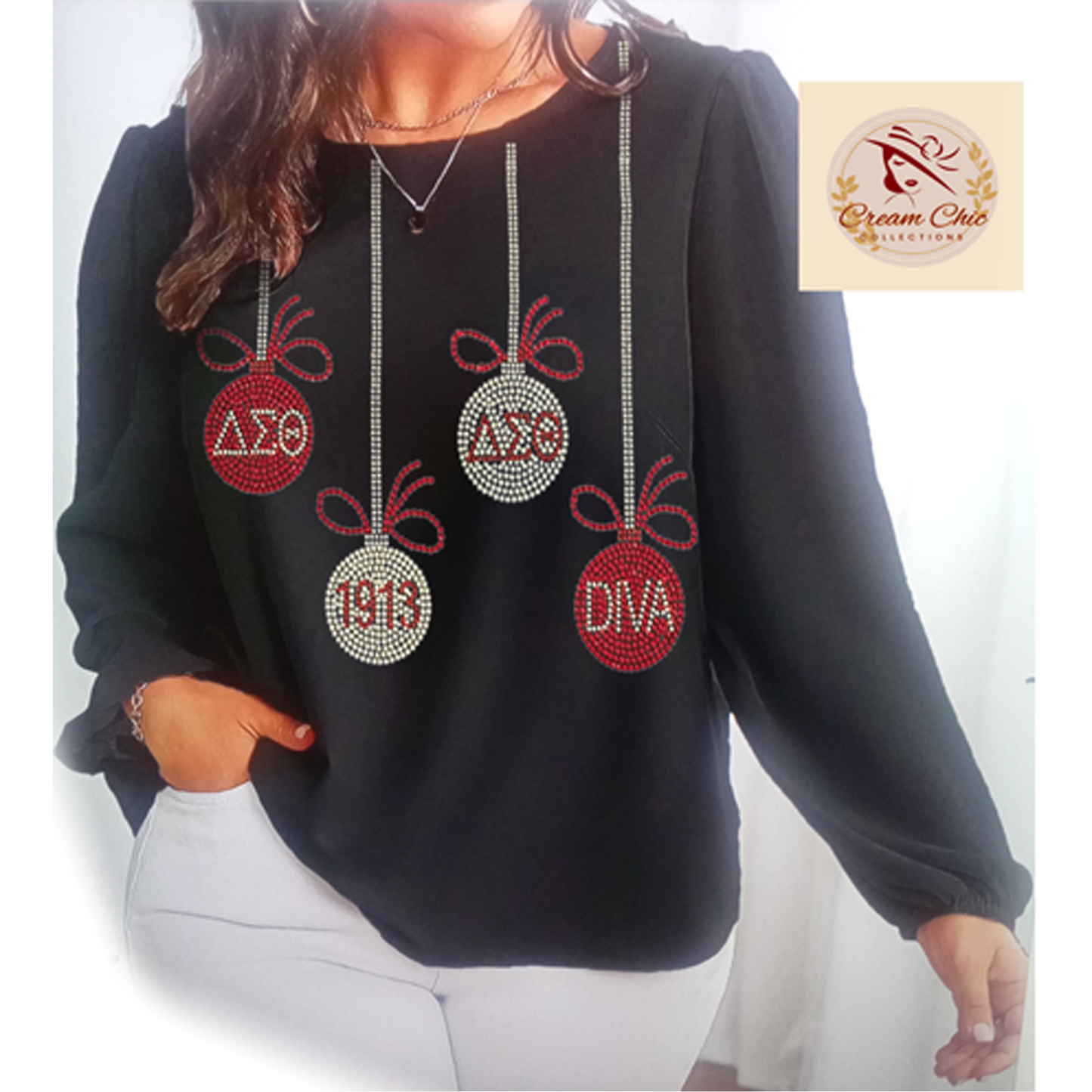 Delta Sigma Theta Sorority - Christmas Ornaments Sheer Sleeve Blouse (Rhinestones)