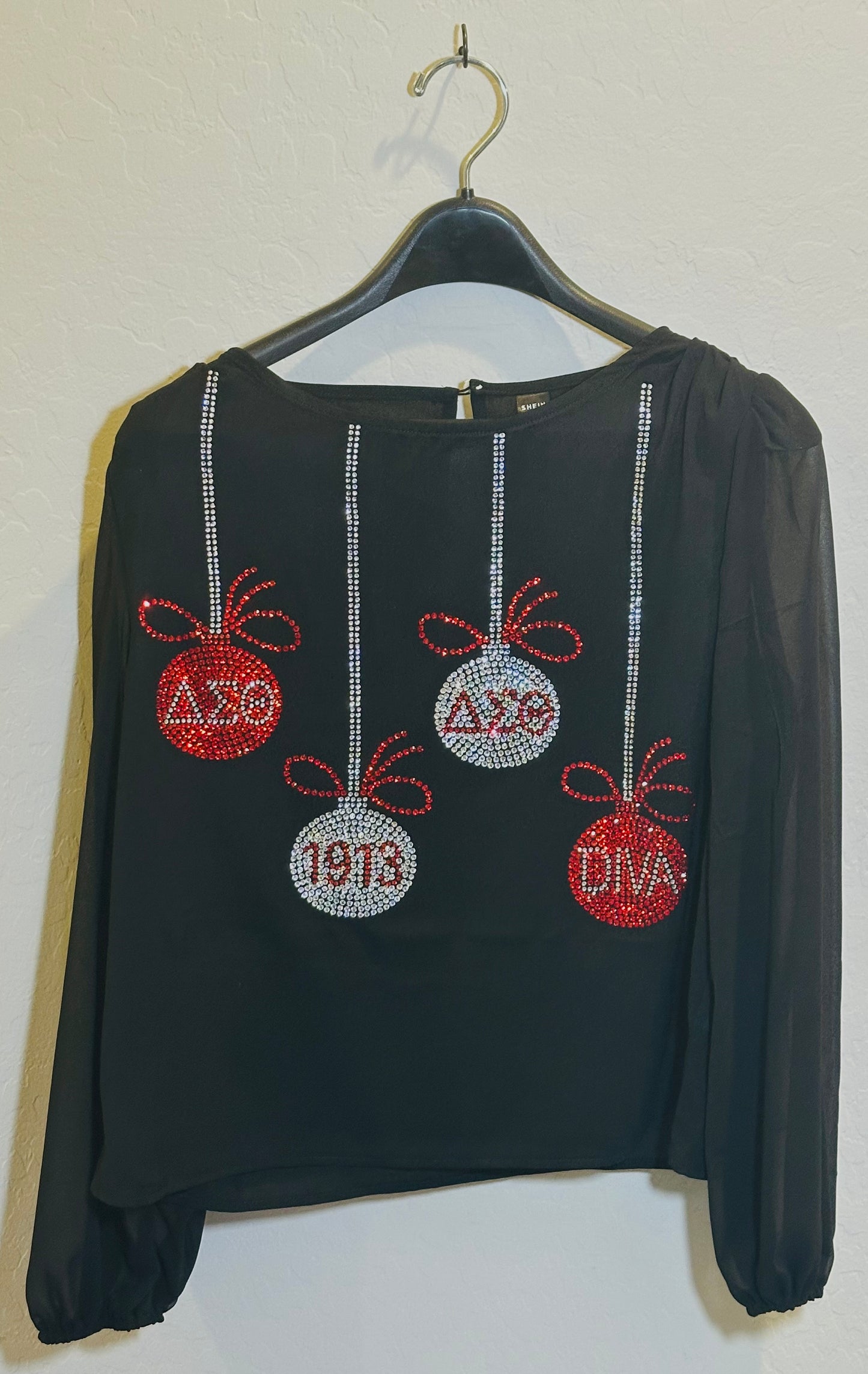 Delta Sigma Theta Sorority - Christmas Ornaments Sheer Sleeve Blouse (Rhinestones)
