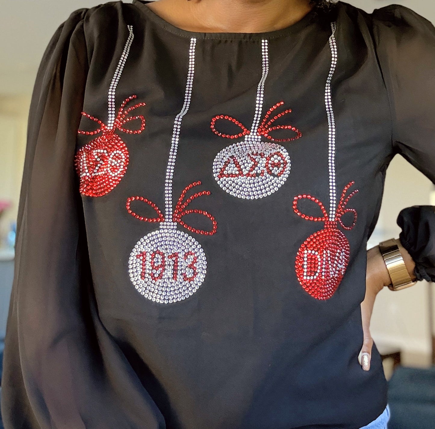 Delta Sigma Theta Sorority - Christmas Ornaments Sheer Sleeve Blouse (Rhinestones)