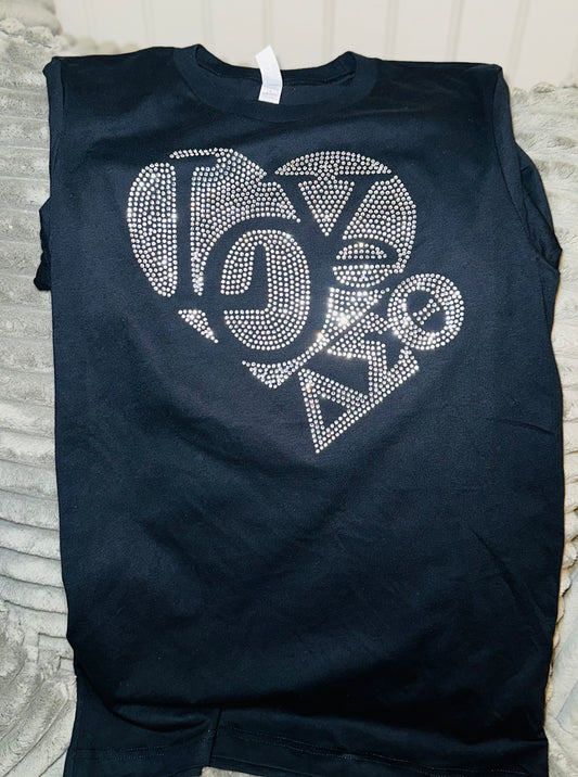 Heart of Love, Delta Sigma Theta w/ Silver Rhinestones and Greek Letters - Black Short sleeve t-shirt