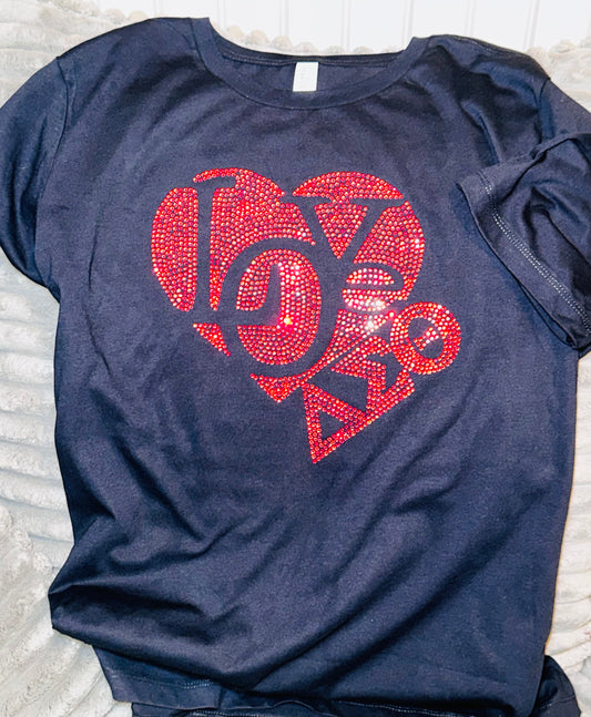 Heart of Love, Delta Sigma Theta w/ Red Rhinestones and Greek Letters - Black Short sleeve t-shirt