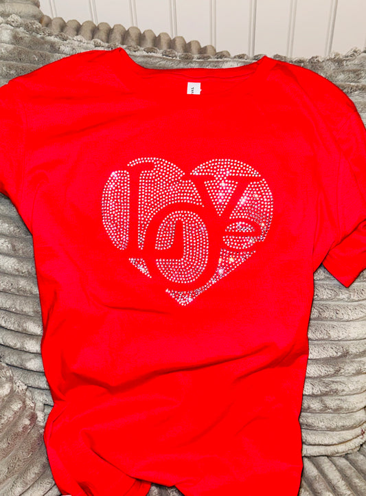 Heart of Love, Silver Rhinestones - Red Short sleeve t-shirt