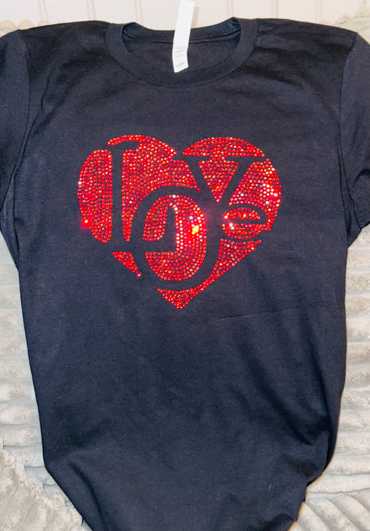 Heart of Love, Red Rhinestones - Black Short sleeve t-shirt