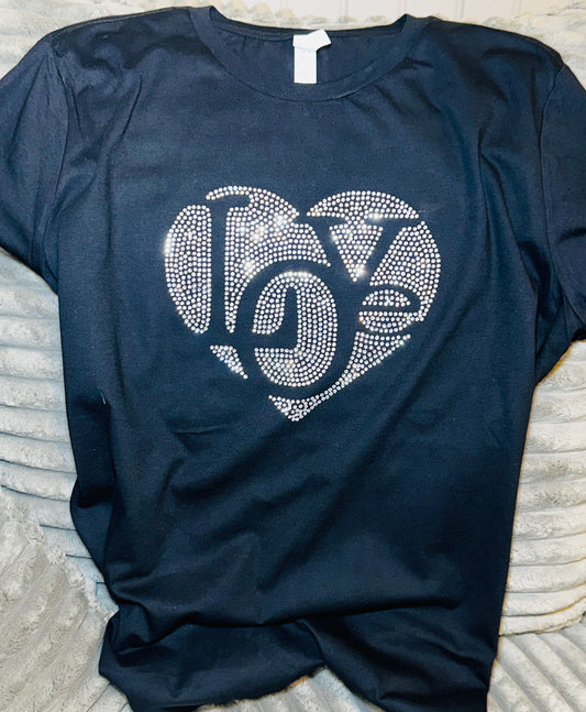 Heart of Love, Silver Rhinestones - Black Short sleeve t-shirt